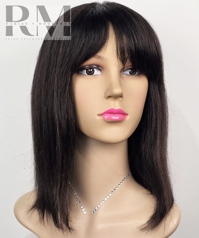 Peluca Natural Castaña Oscura Bob Largo Imitacion Piel
