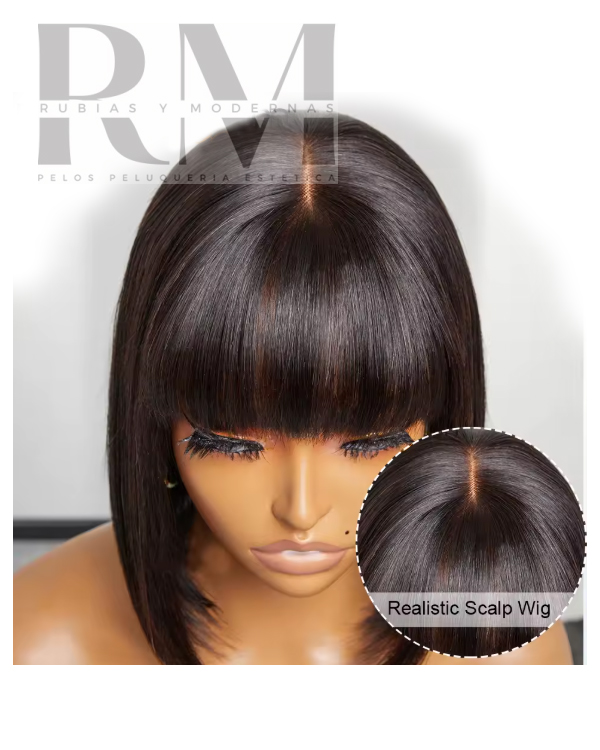 Peluca Natural Castaña Oscura Bob Largo Imitacion Piel - Imagen 4